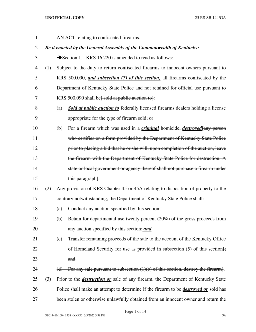 Kentucky law mandates firearm transfer within 90 days for confiscated property