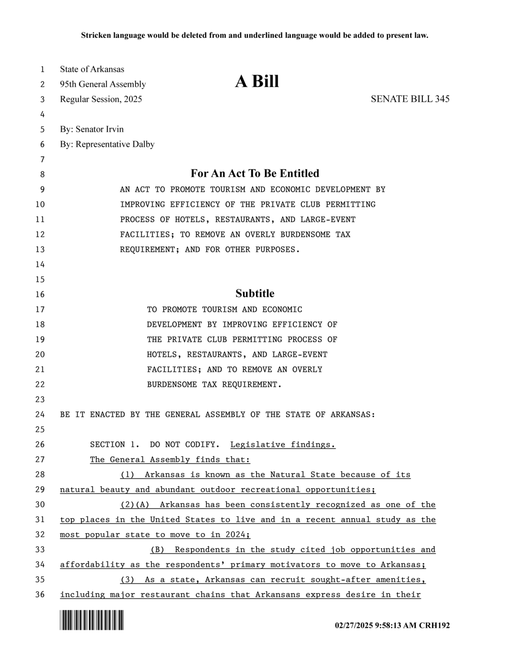 Arkansas modifies private club permit requirements for hotels and restaurants