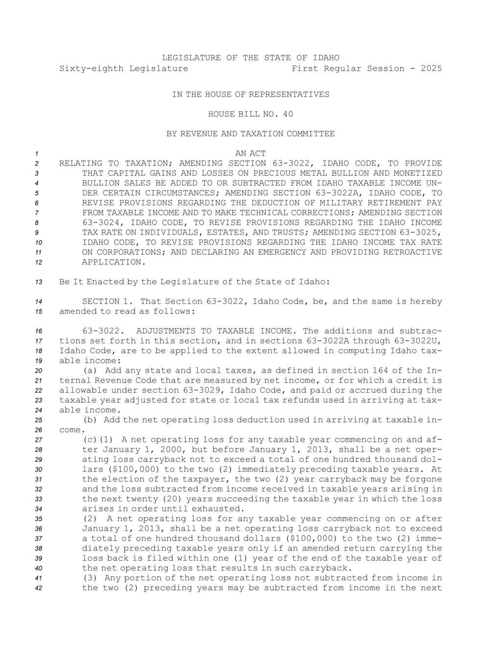Idaho Assembly amends tax code impacting retirement benefit deductions