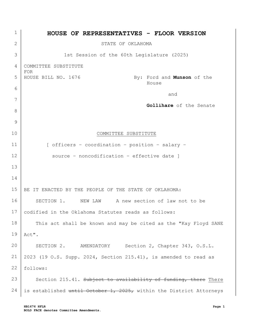 Oklahoma House introduces Kay Floyd SANE Act to enhance officer coordination