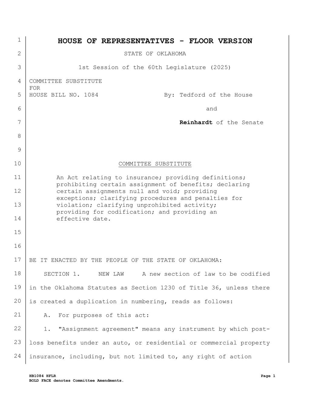 Oklahoma Legislature considers insurance assignment reform with House Bill 1084