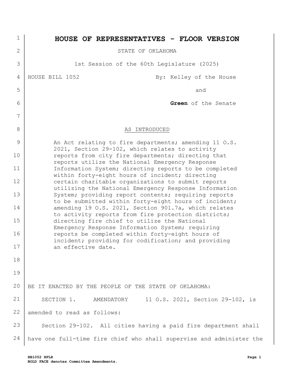 Oklahoma Legislature passes HB1052 for faster fire department activity reporting