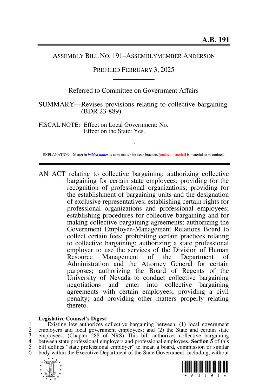 Nevada legislature passes comprehensive collective bargaining reform bill AB191