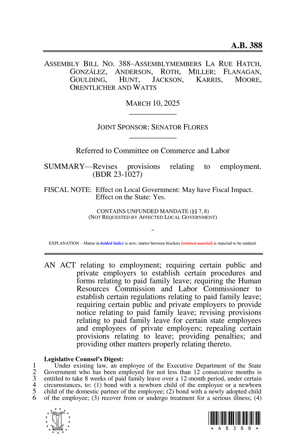 Nevada enacts AB388 mandating paid family leave and establishing employee protections