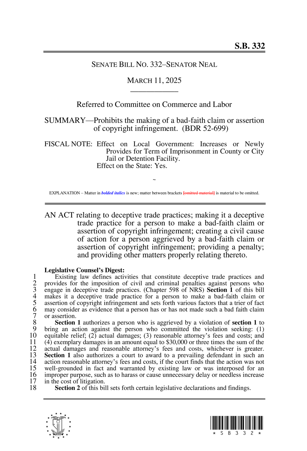Senator Neal introduces SB332 to combat bad-faith copyright infringement claims