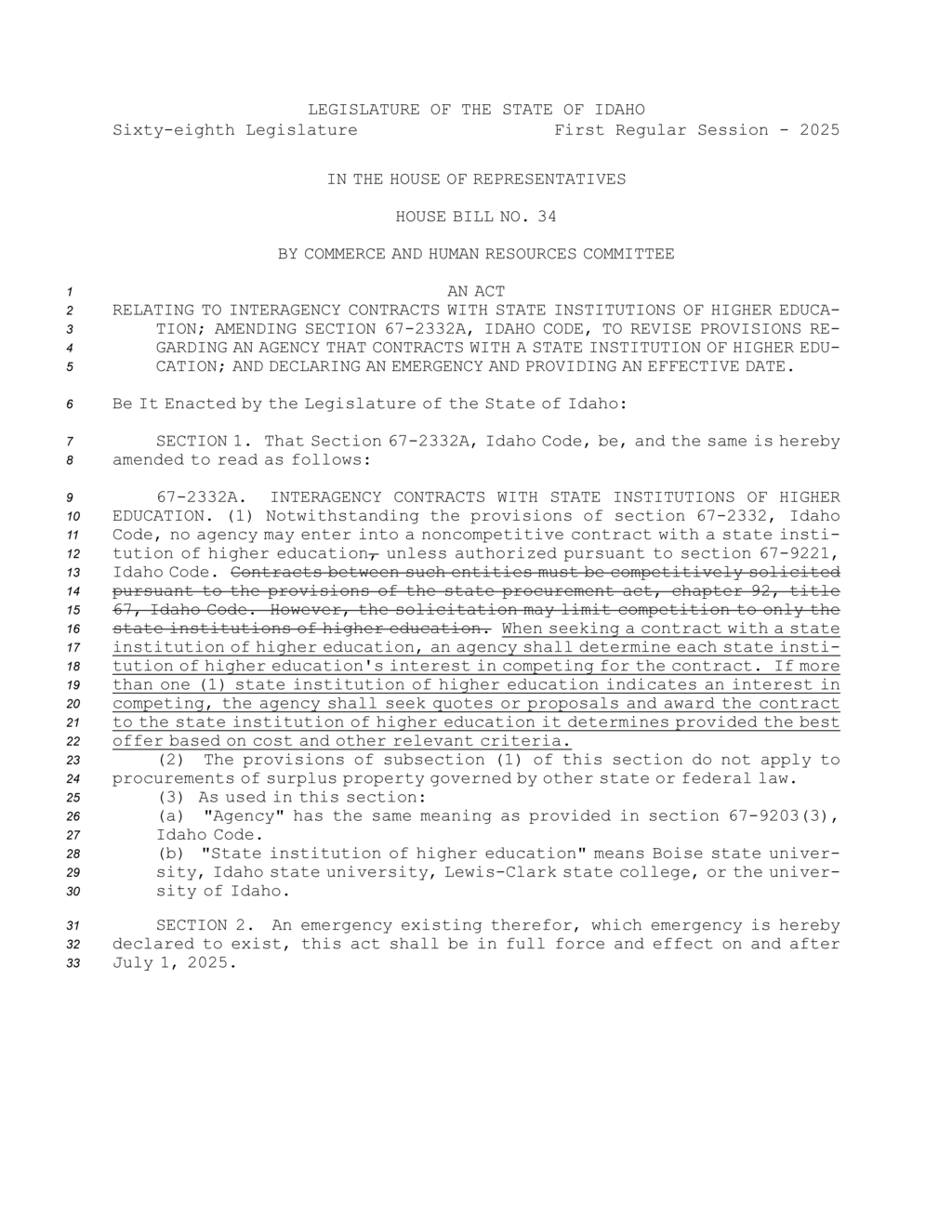 Idaho House Bill 34 revises interagency contract rules for state universities