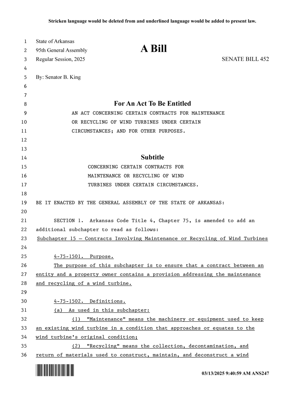 Senator King introduces Arkansas wind turbine maintenance and recycling bill