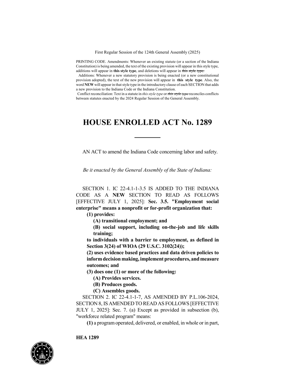 Indiana General Assembly approves act for employment social enterprises