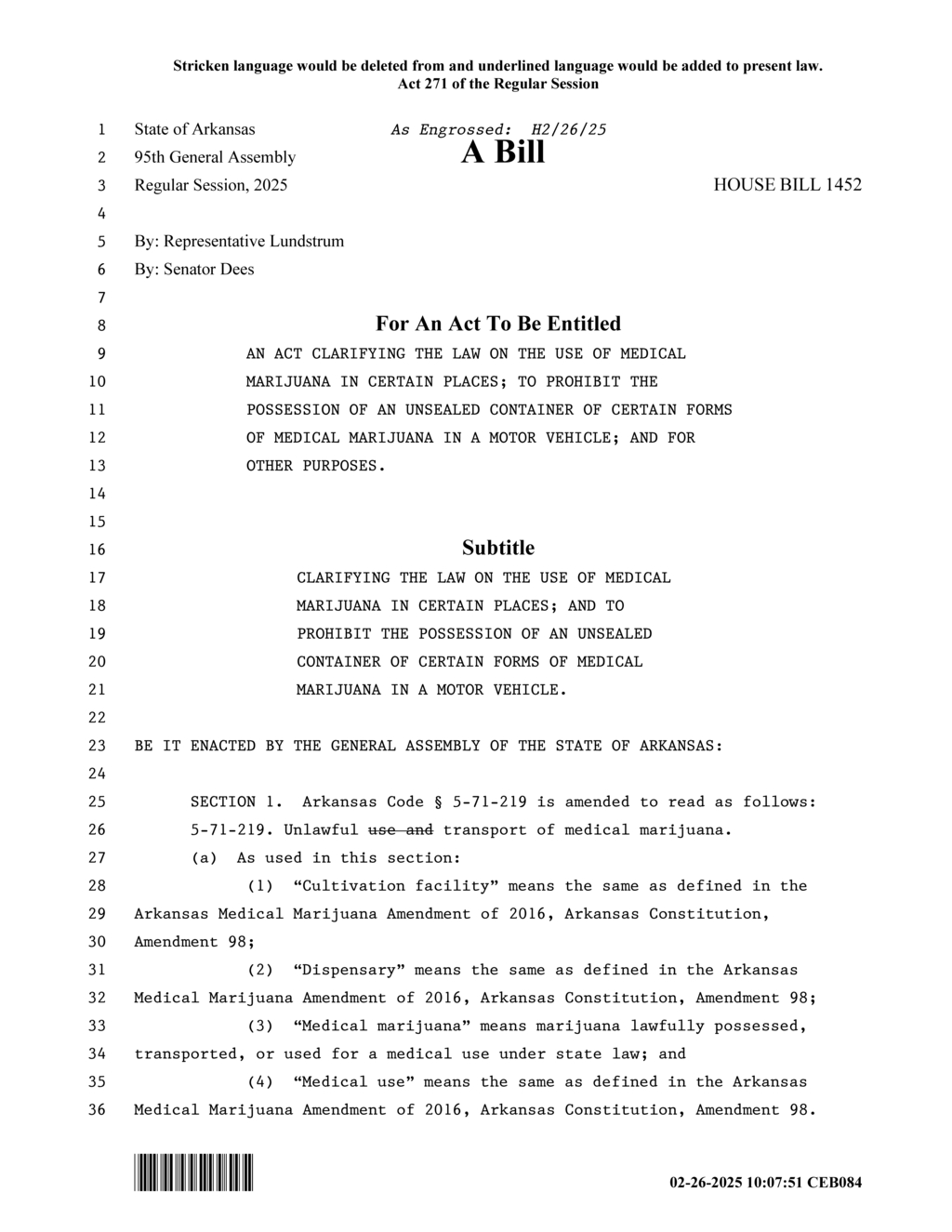 Arkansas House Bill 1452 clarifies medical marijuana use and vehicle possession rules