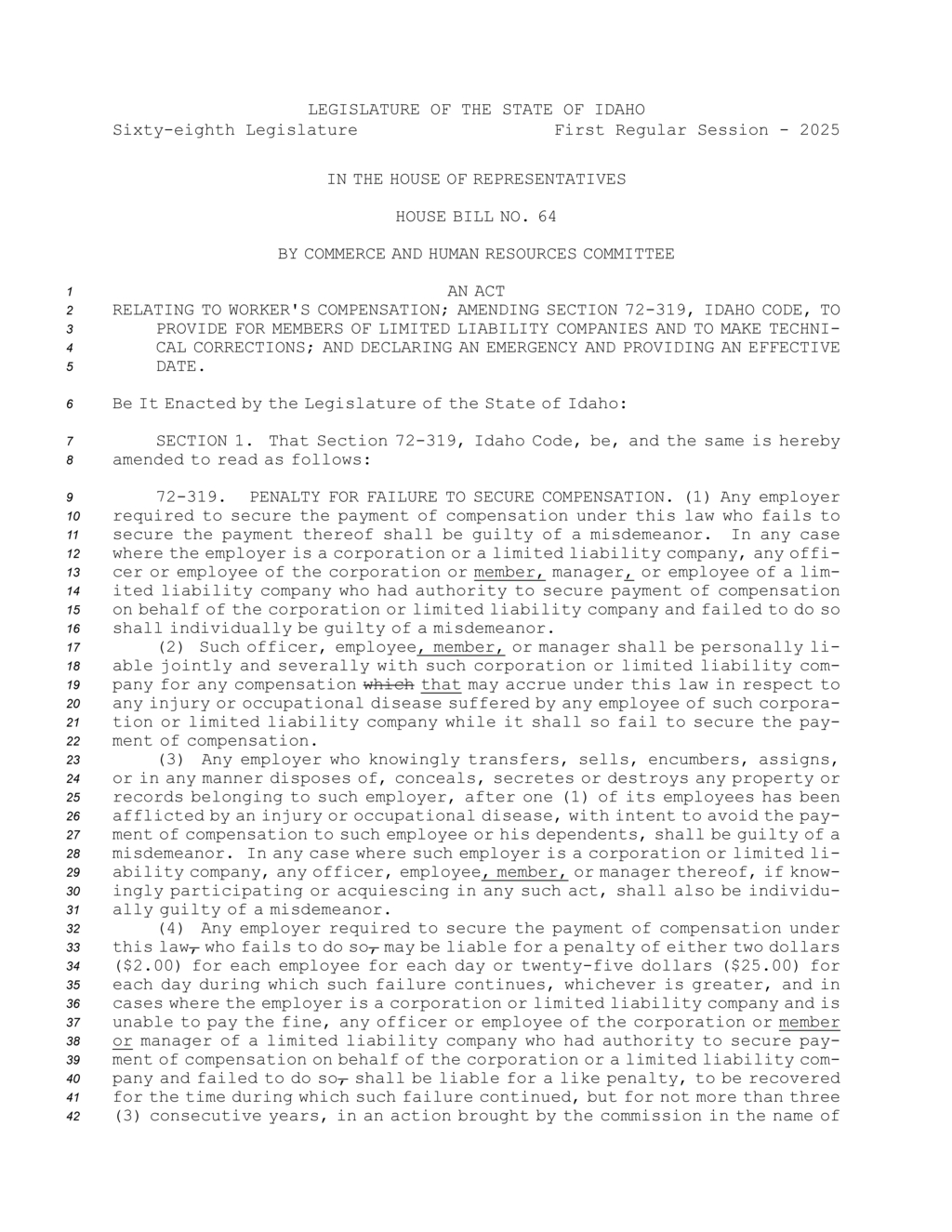 Idaho legislature enforces penalties for employers failing to secure worker's compensation