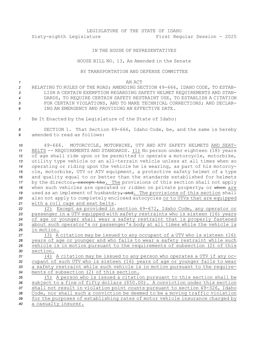 Idaho House approves amendments to motorcycle safety helmet and UTV restraint laws