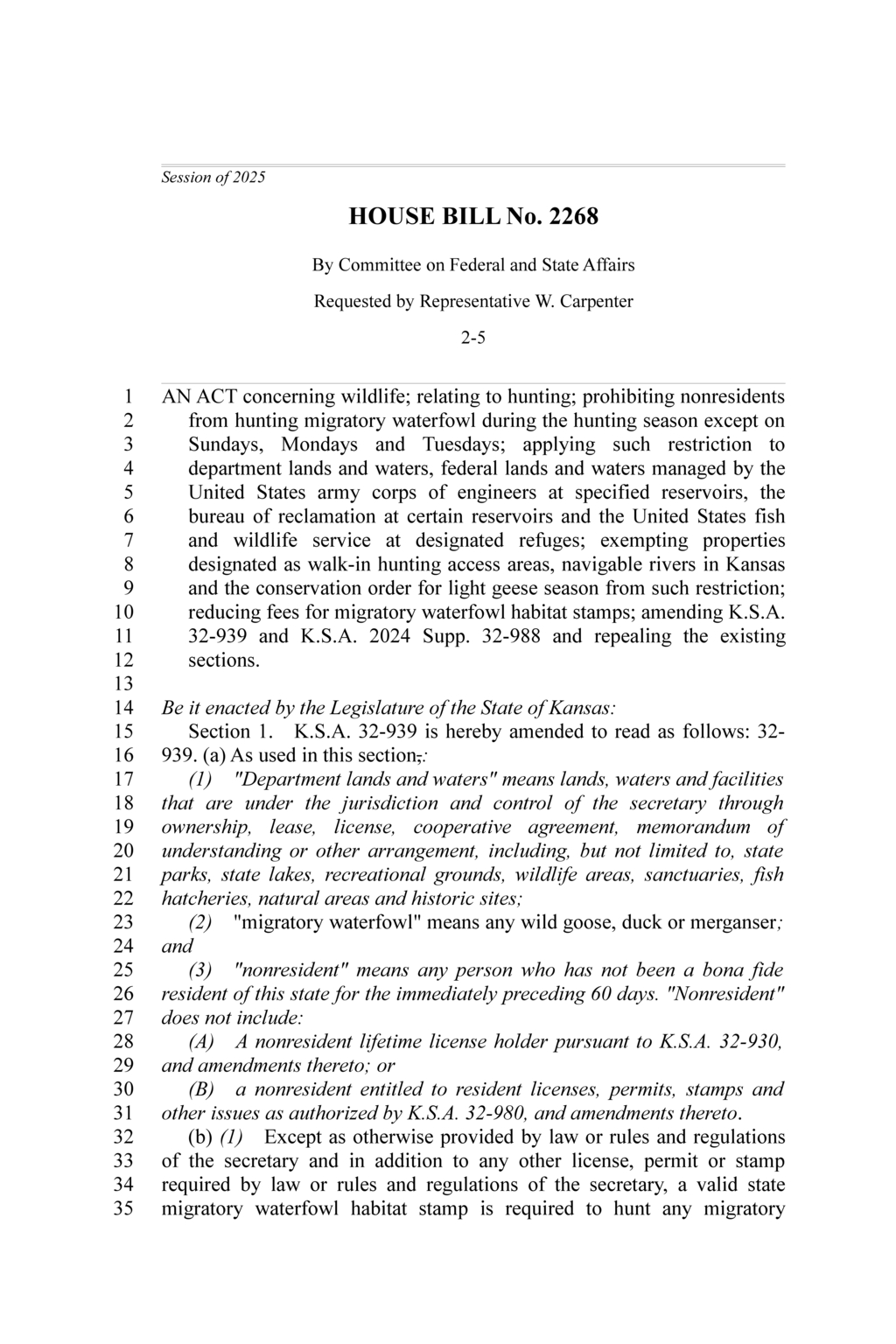 Kansas House Bill 2268 limits nonresident hunting of migratory waterfowl