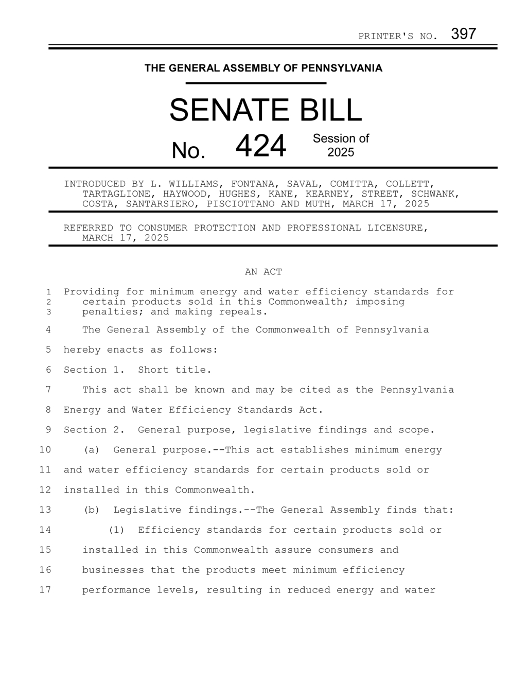 Pennsylvania General Assembly introduces Energy and Water Efficiency Standards Act