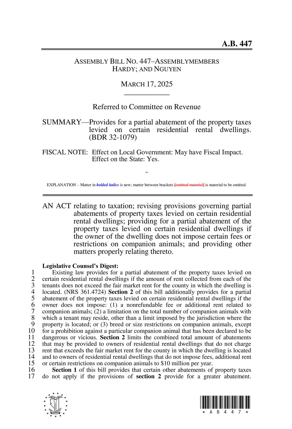 Nevada Legislature approves property tax abatements for affordable rental housing owners