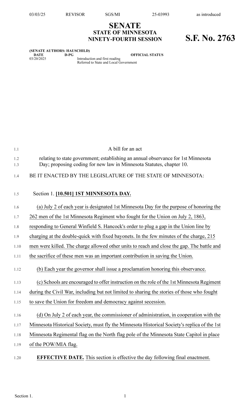 Minnesota Legislature designates July 2 as 1st Minnesota Day to honor Civil War heroes