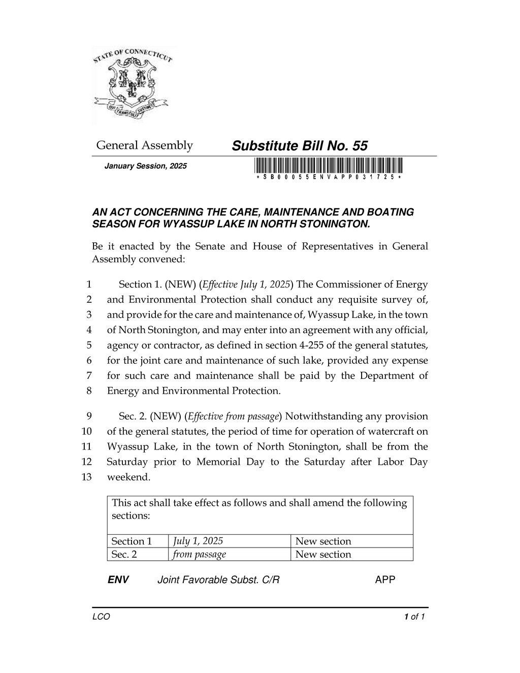 General Assembly enacts care and boating season rules for Wyassup Lake