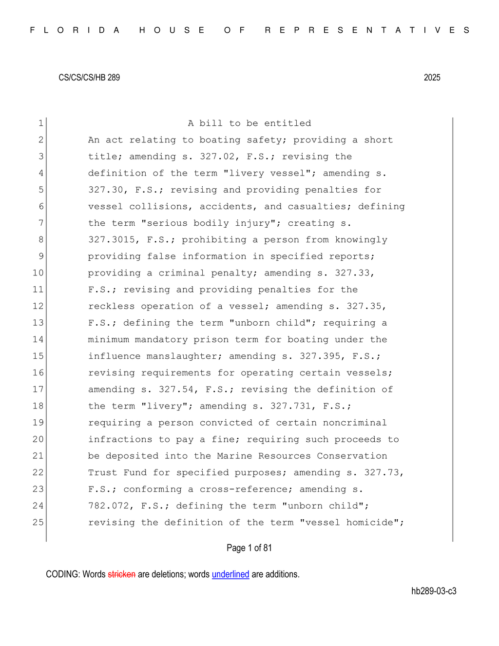 Florida legislature proposes new definitions for vehicular and vessel homicide