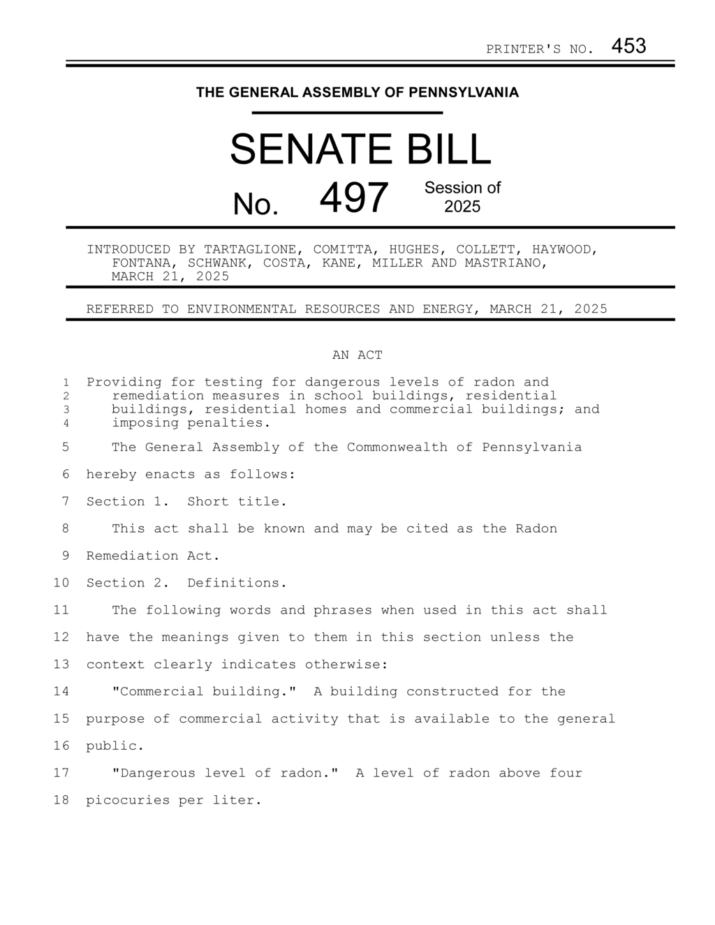 Pennsylvania General Assembly introduces Radon Remediation Act to address health risks