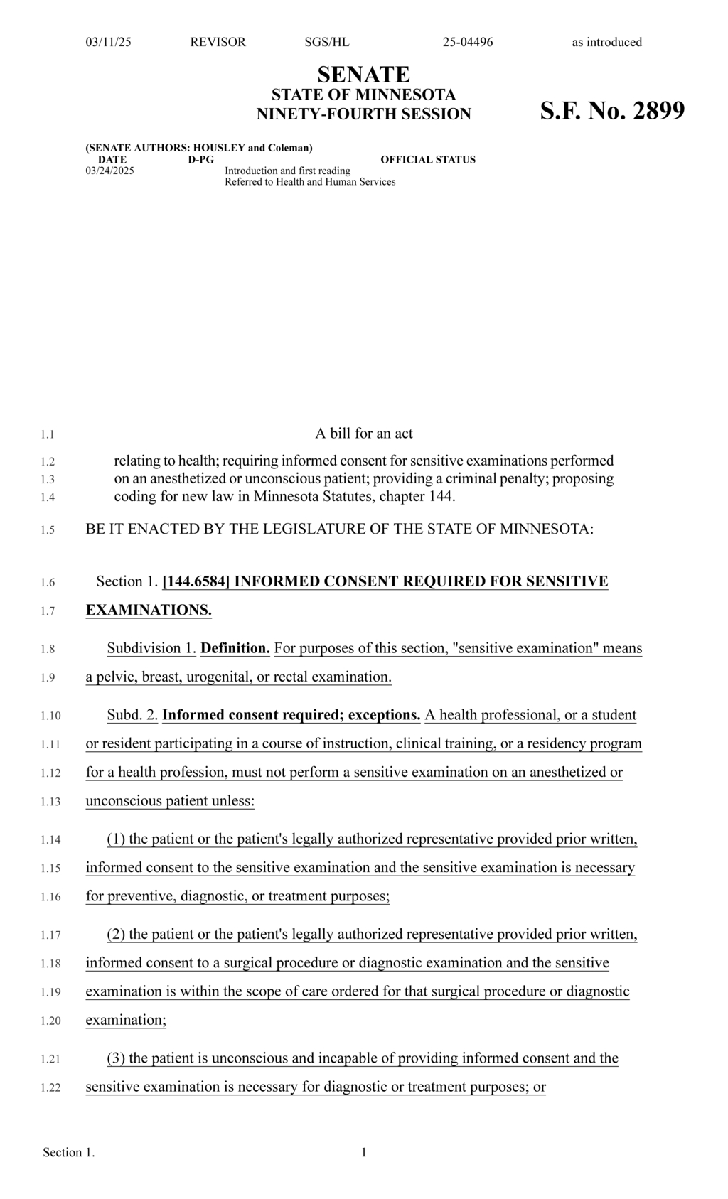 Minnesota legislature enacts informed consent law for sensitive examinations