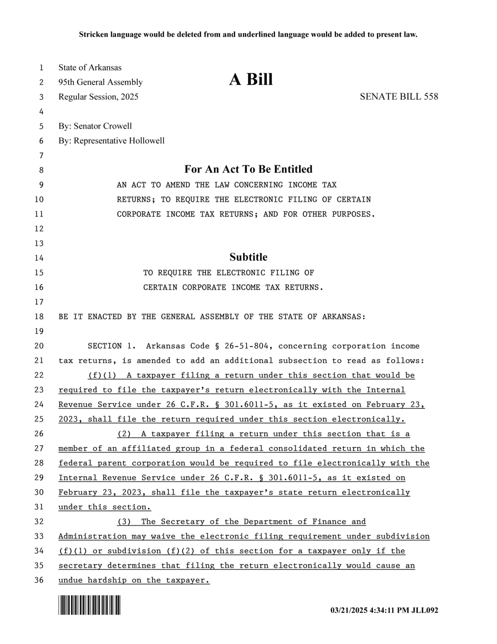 Arkansas legislators approve electronic filing mandate for corporate income tax returns