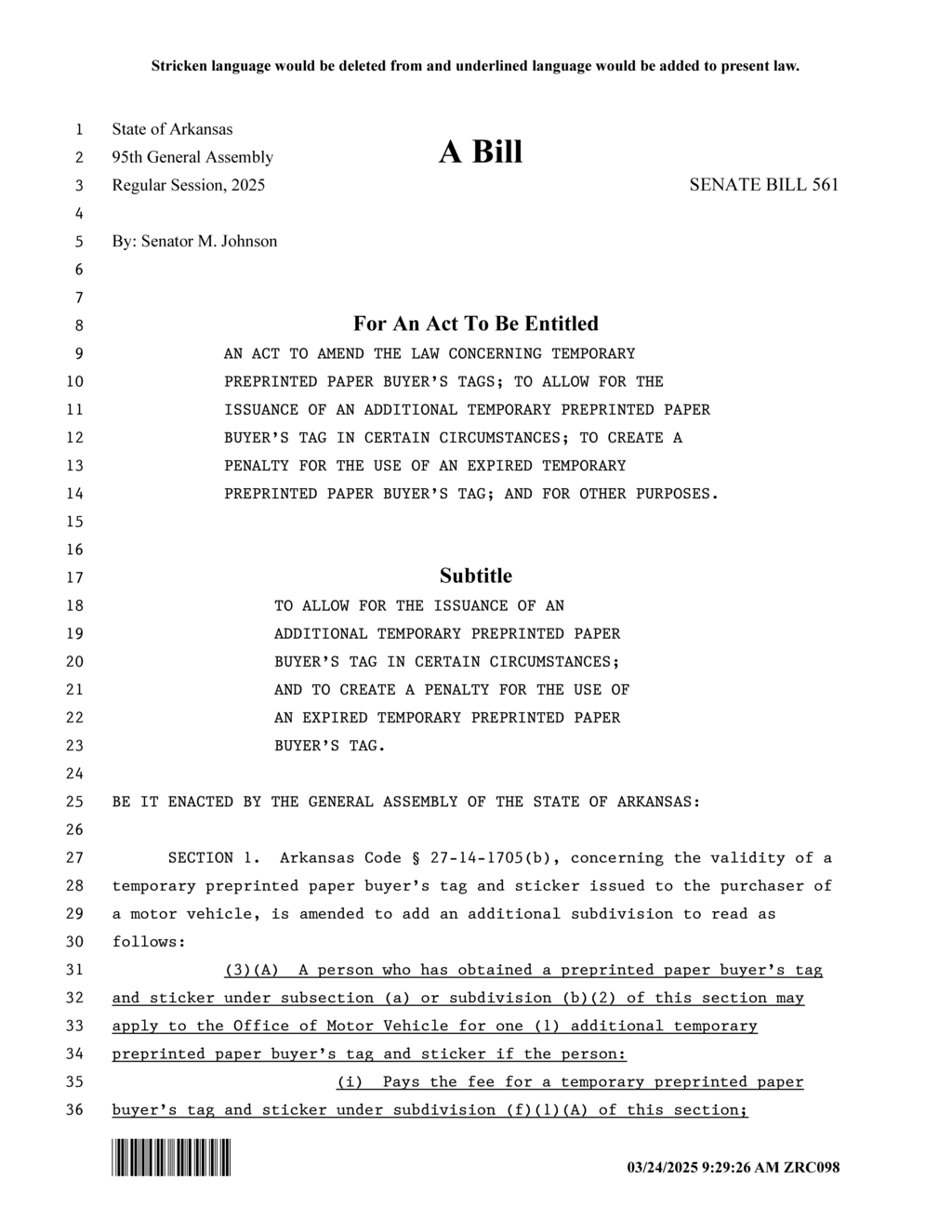 Senator Johnson proposes additional temporary vehicle tags in Arkansas legislative session