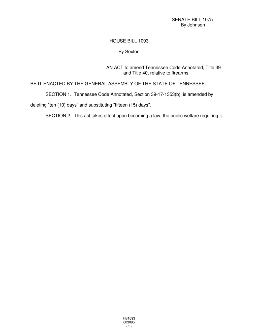 Tennessee General Assembly passes House Bill 1093 extending firearm waiting period to 15 days