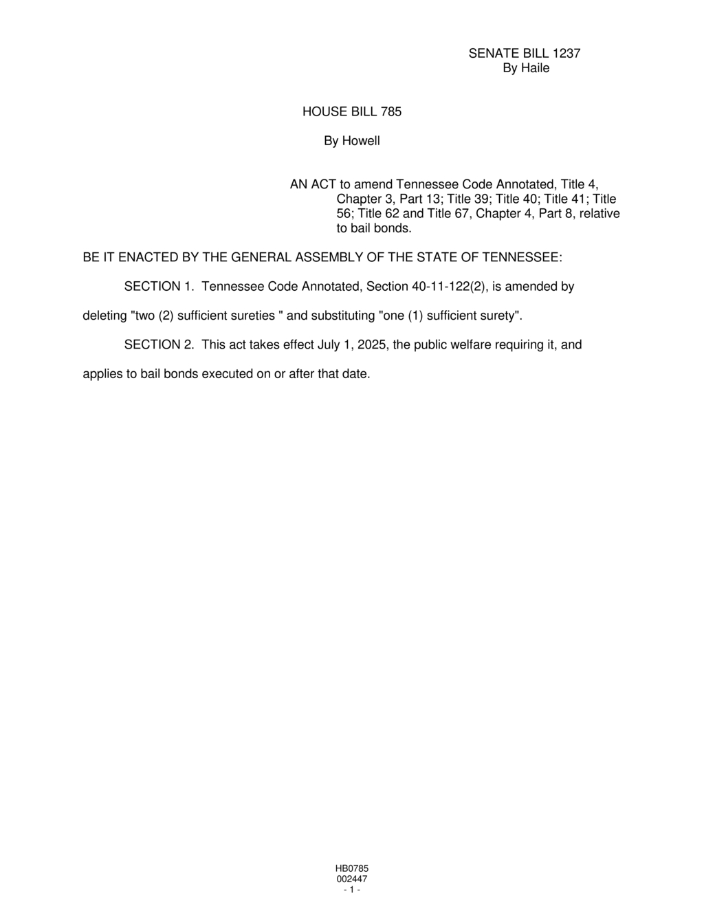 Tennessee General Assembly passes bail bond amendment reducing surety requirements