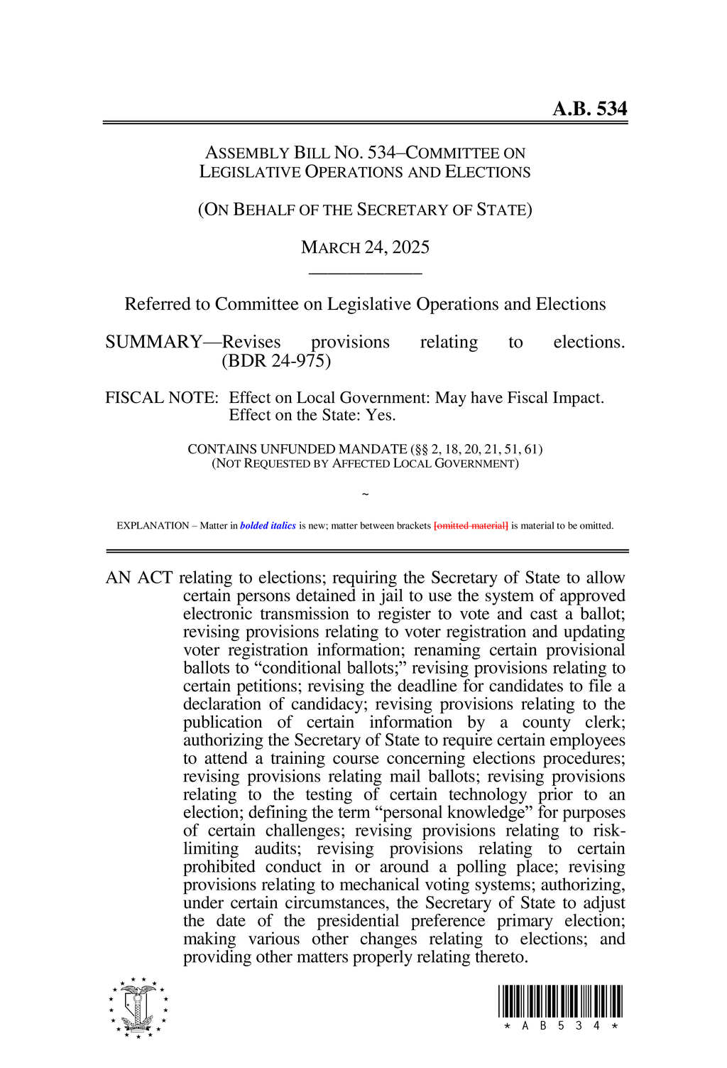 Nevada amends election laws for petition verification and primary scheduling