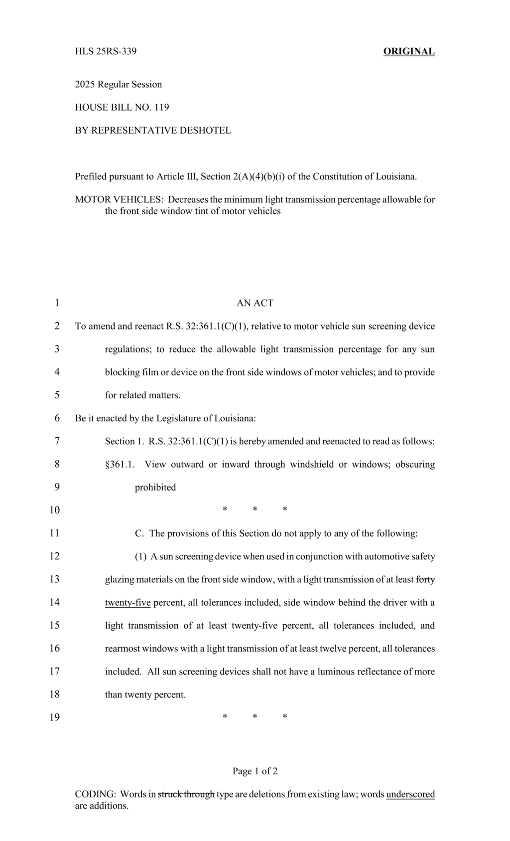 Representative Deshotel reduces vehicle window tint limits in Louisiana House Bill 119