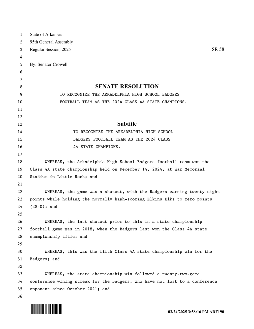 Arkansas Senate honors Arkadelphia Badgers as 2024 Class 4A state champions