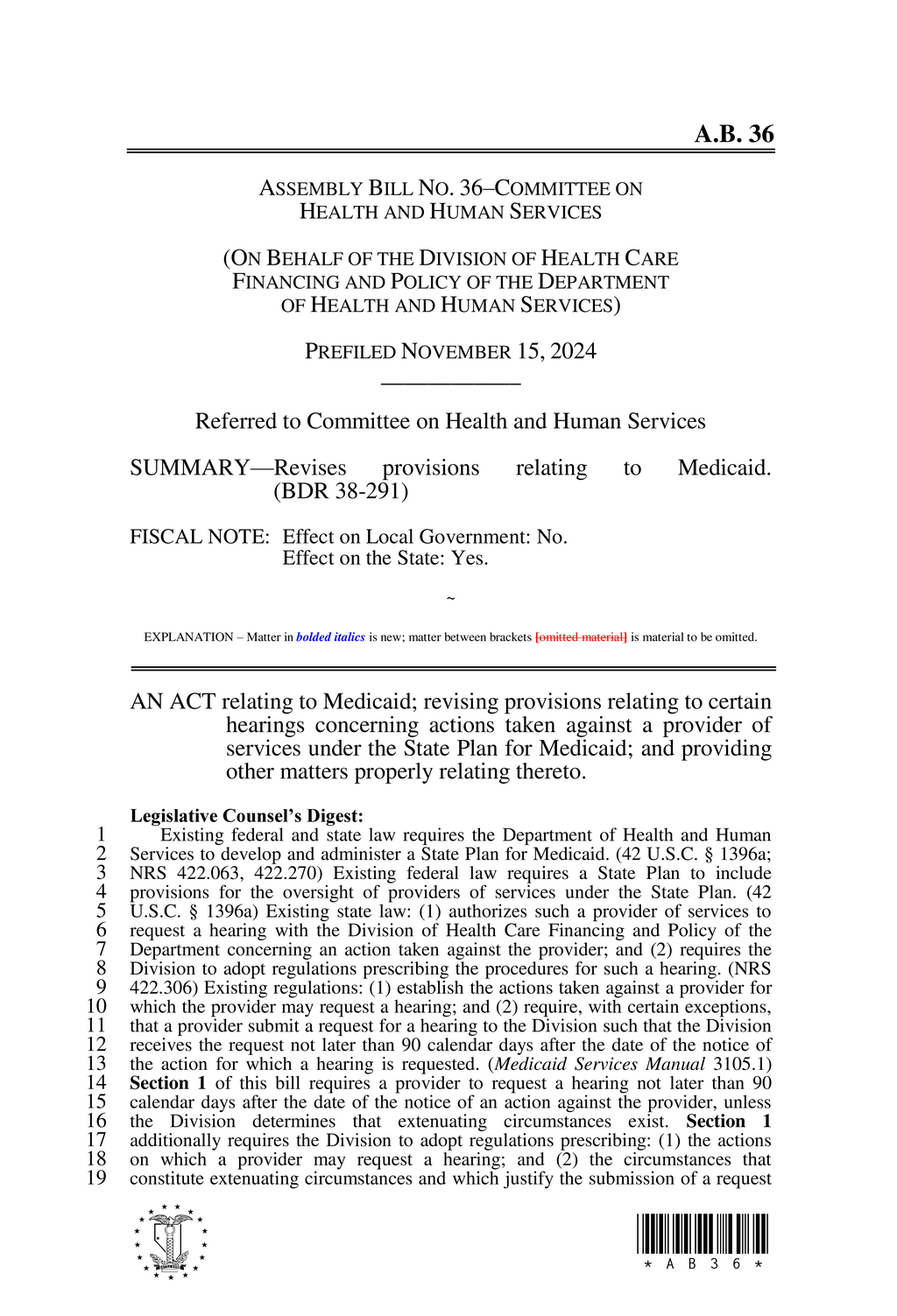 Nevada Assembly introduces AB36 to revise Medicaid provider hearing procedures
