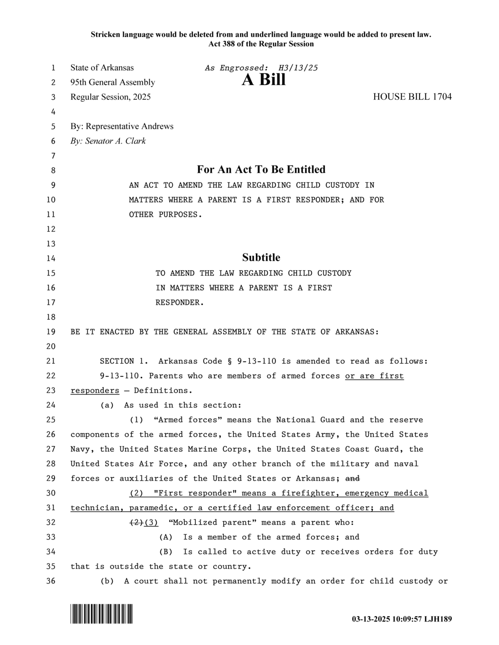Arkansas legislature revises child custody laws for first responders and military parents