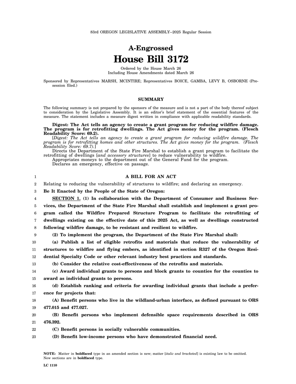 Oregon legislature approves Wildfire Prepared Structure Program grant for home retrofitting