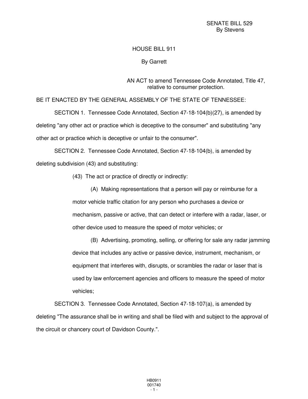 Tennessee General Assembly amends consumer protection laws targeting radar jamming devices