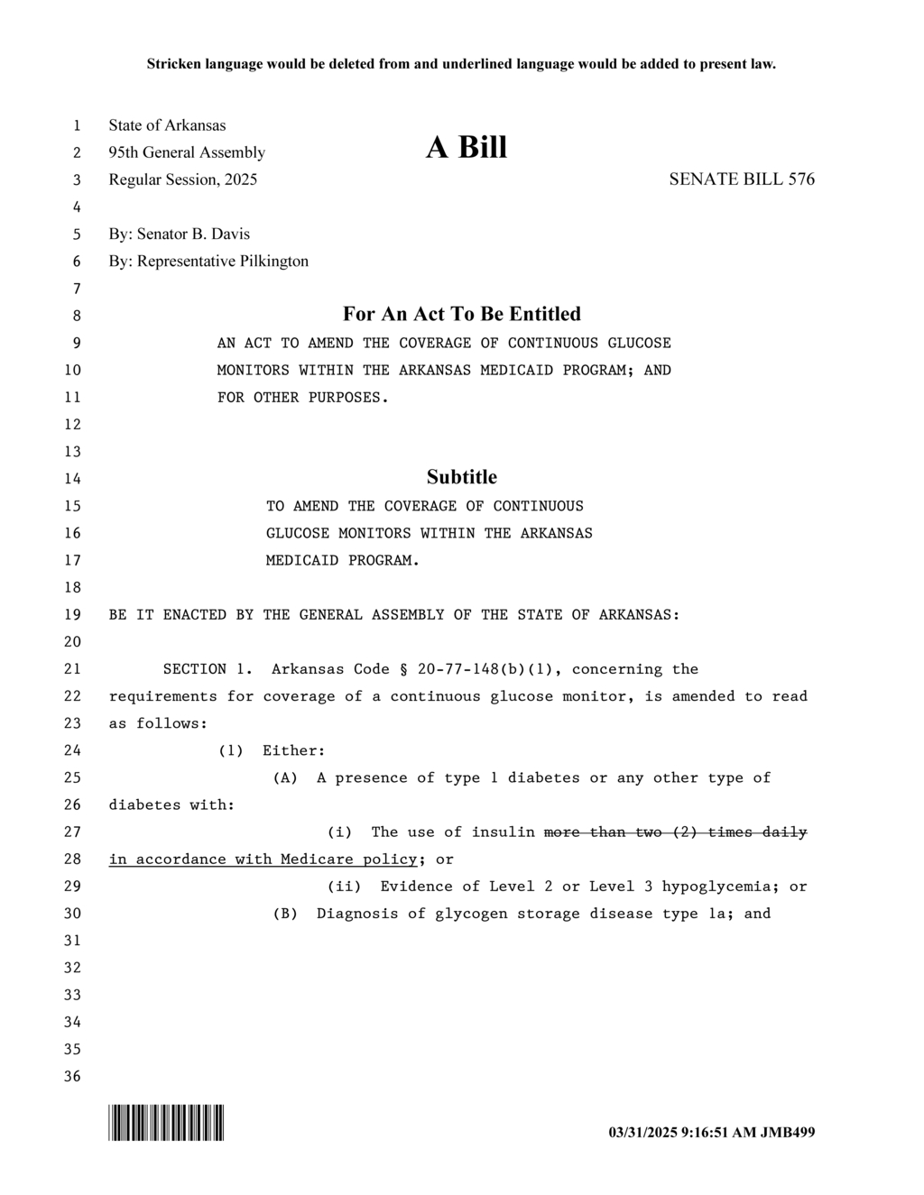 Senator Davis and Representative Pilkington propose Arkansas Medicaid glucose monitor amendment