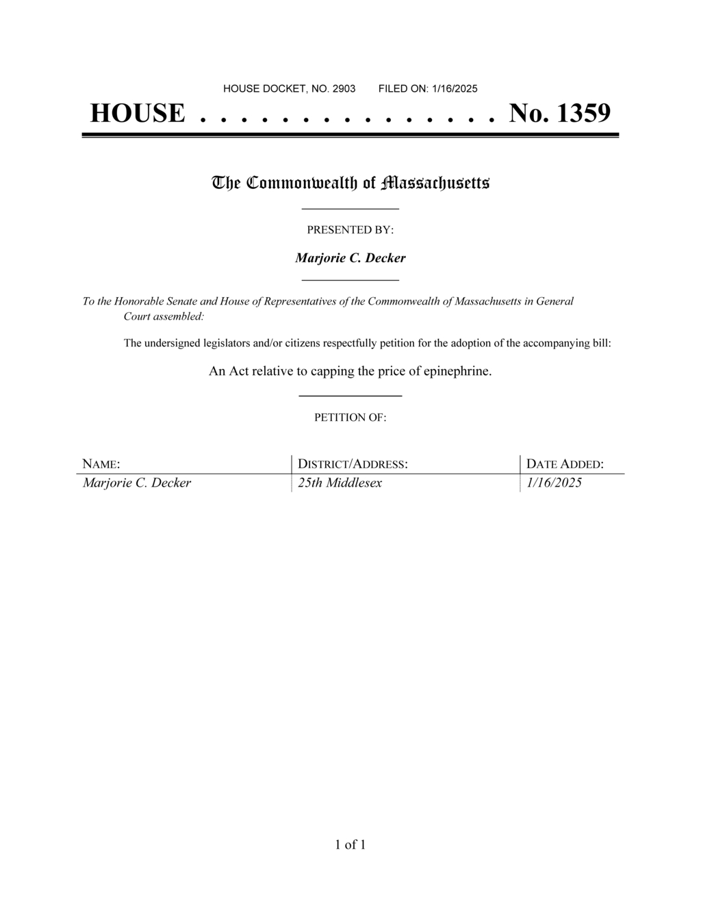 Representative Decker submits bill to cap epinephrine prices in Massachusetts