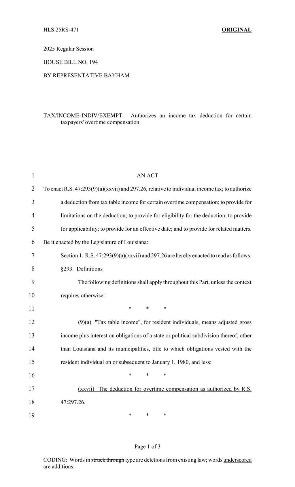 Louisiana proposes overtime deduction legislation for low-income taxpayers