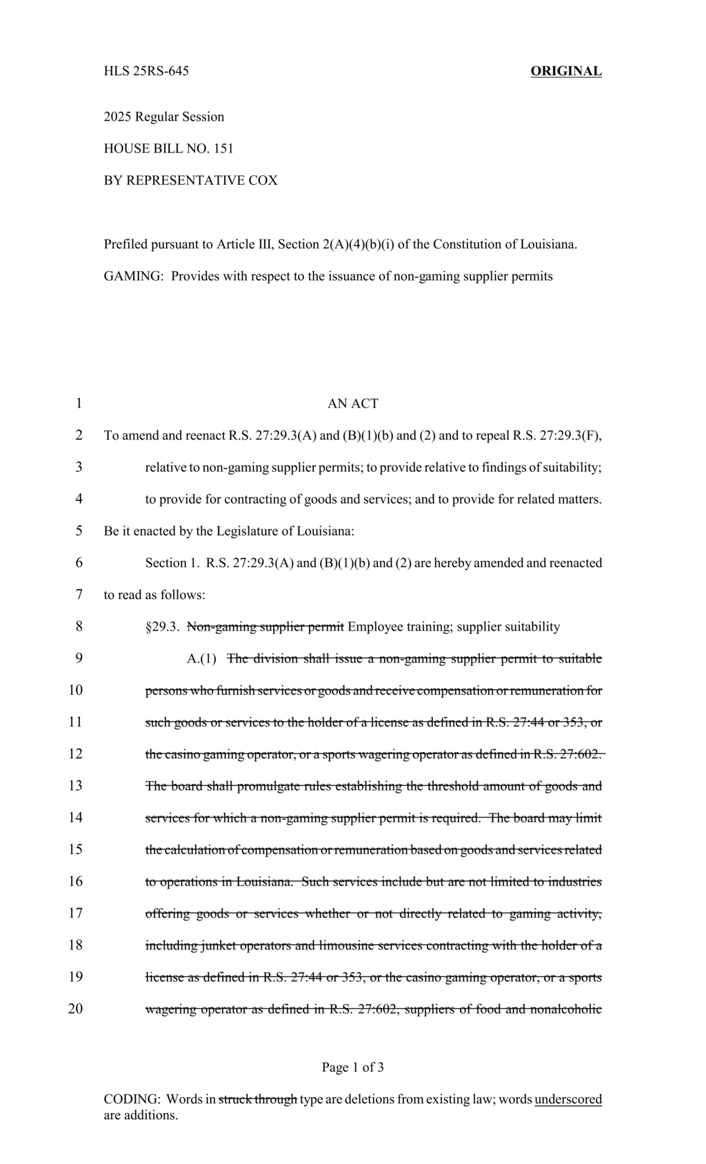 Louisiana House passes HB 151 removing non-gaming supplier permit requirement
