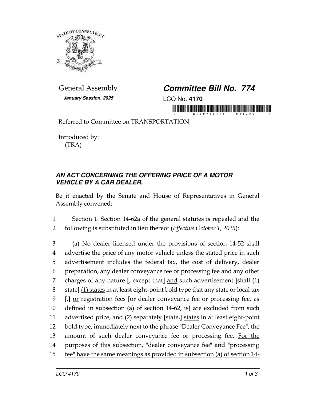 Connecticut mandates transparency in dealer conveyance and processing fees for vehicle sales