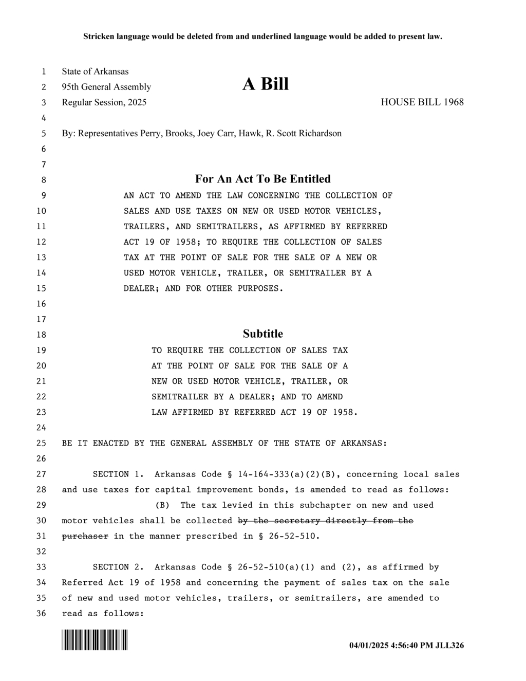 Arkansas House passes Bill 1968 to mandate sales tax collection on vehicle sales