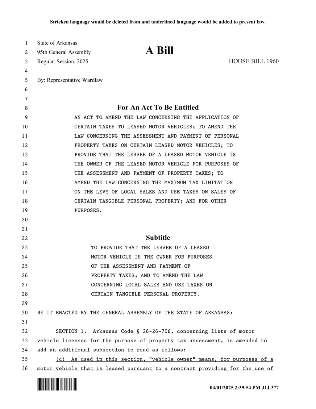 Arkansas amends tax code for aircraft and vehicle sales under HB1960