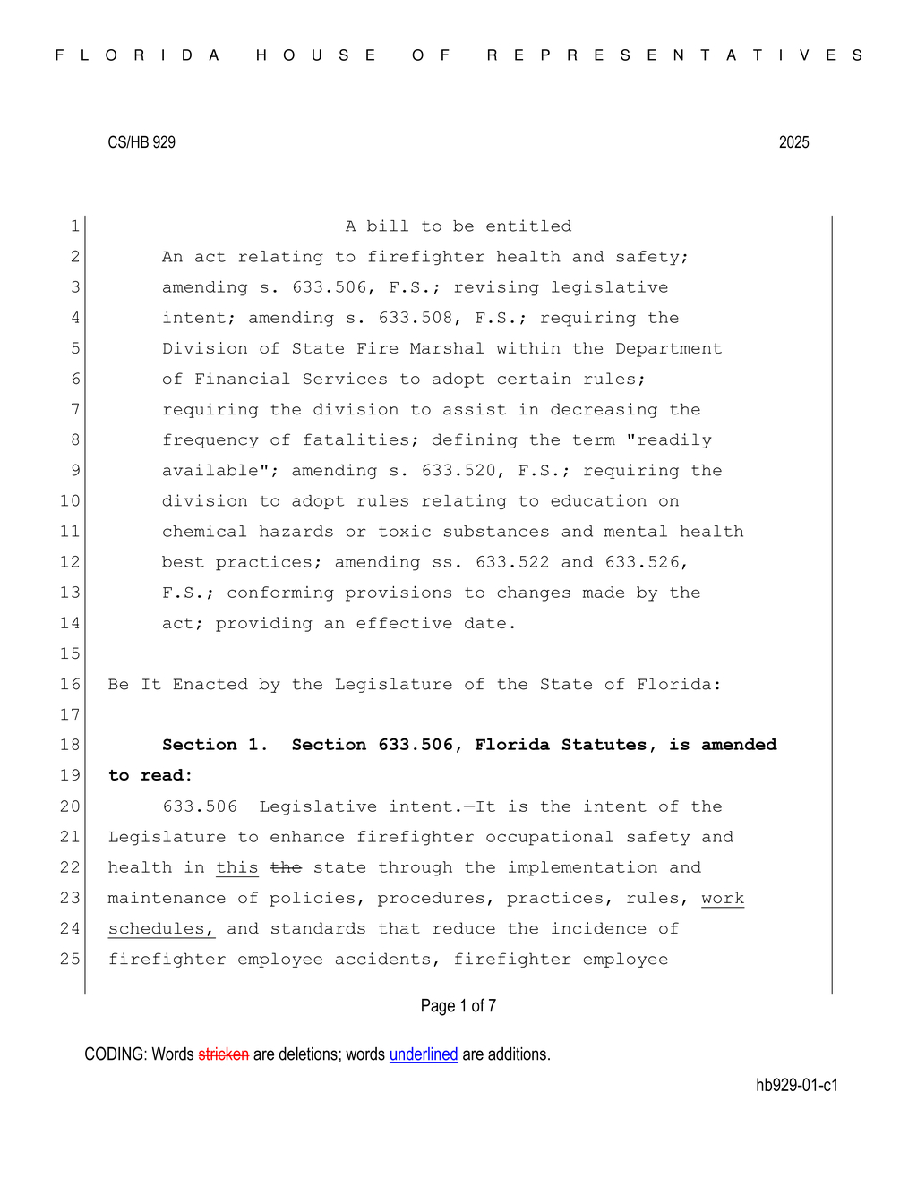 Florida house amends firefighter safety laws for cancer and mental health protections