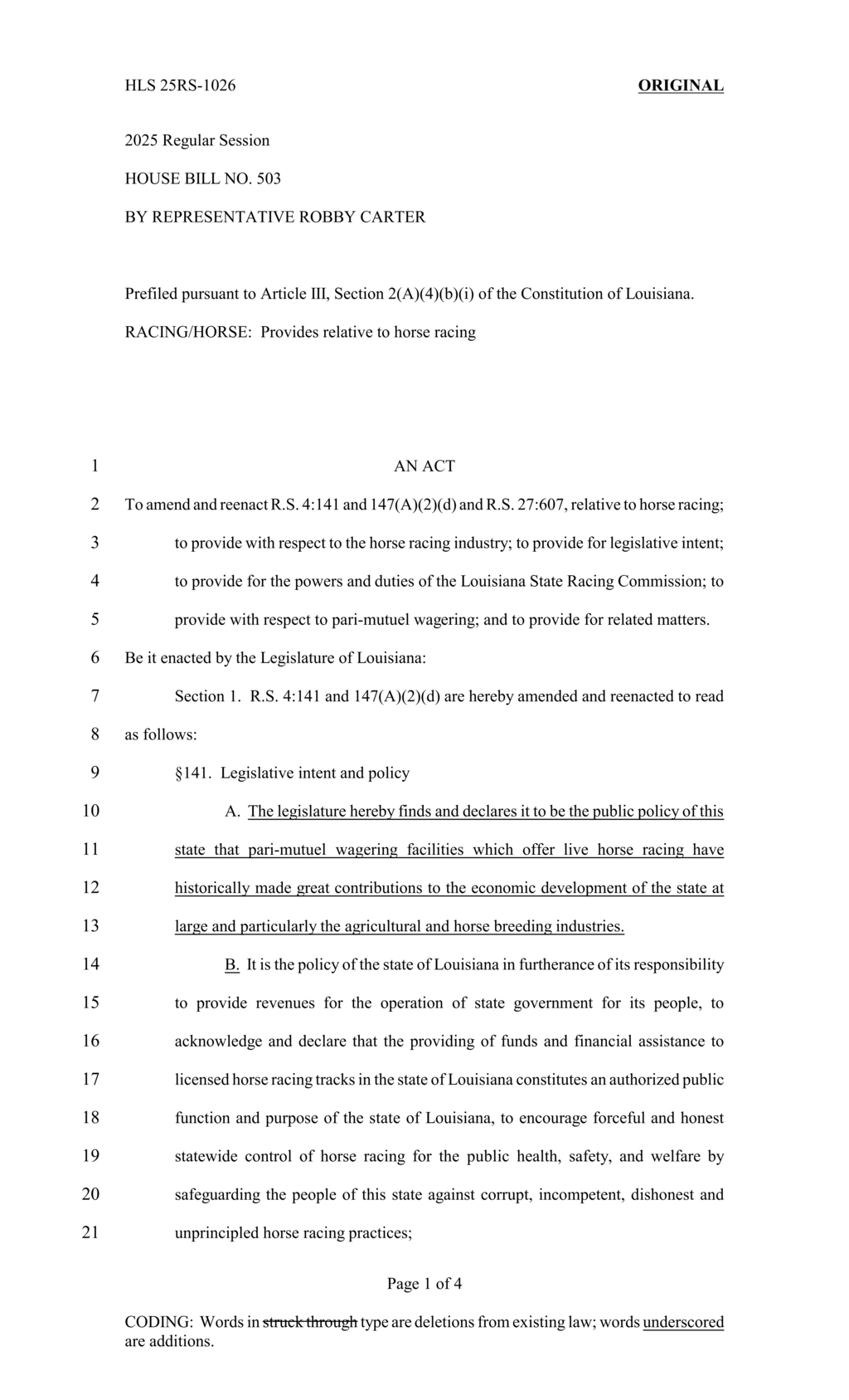 Louisiana legislature establishes horse racing regulatory commission for public welfare
