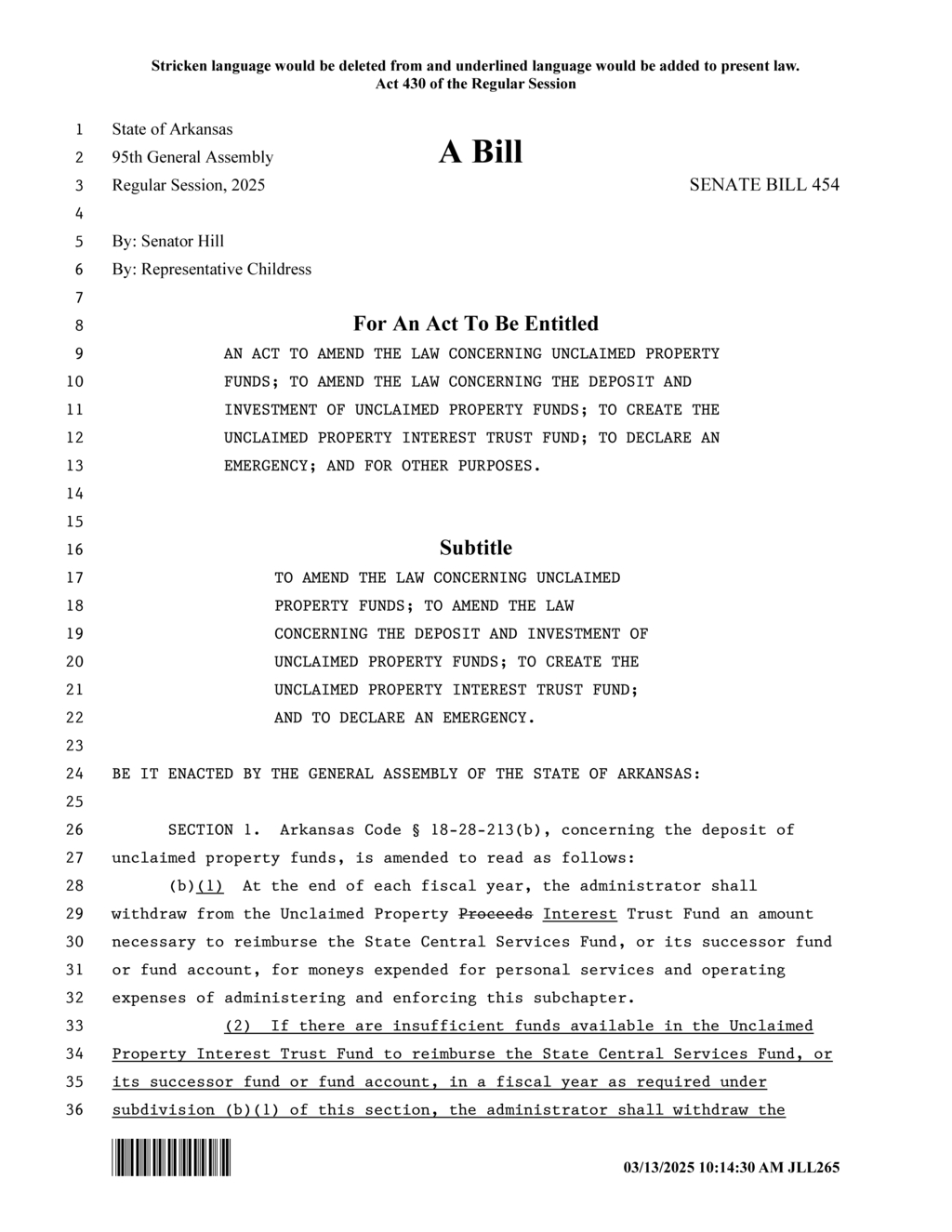 Arkansas General Assembly establishes Unclaimed Property Interest Trust Fund