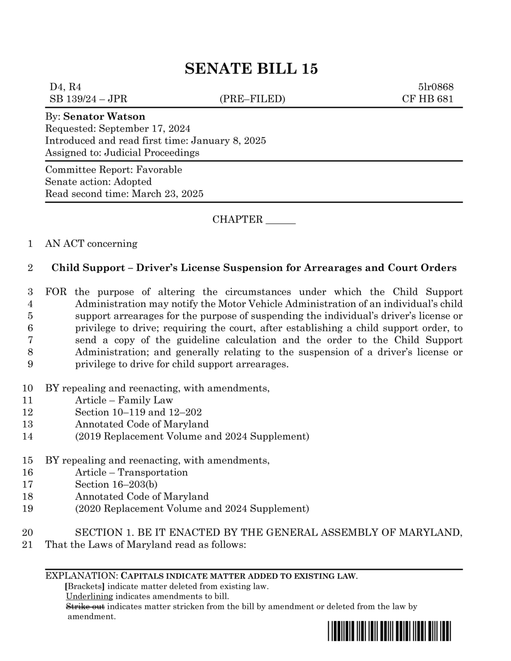 Maryland Senate passes Bill 15 adjusting child support enforcement guidelines