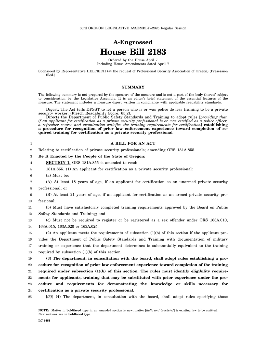 Oregon House approves Bill 2183 easing training for private security certification