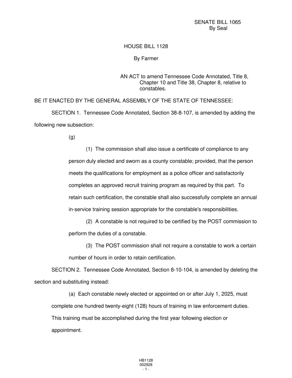 Tennessee General Assembly passes bill requiring constables to complete training