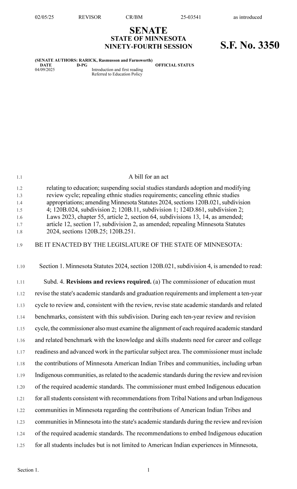 Minnesota Legislature introduces bill to suspend social studies standards and repeal ethnic studies