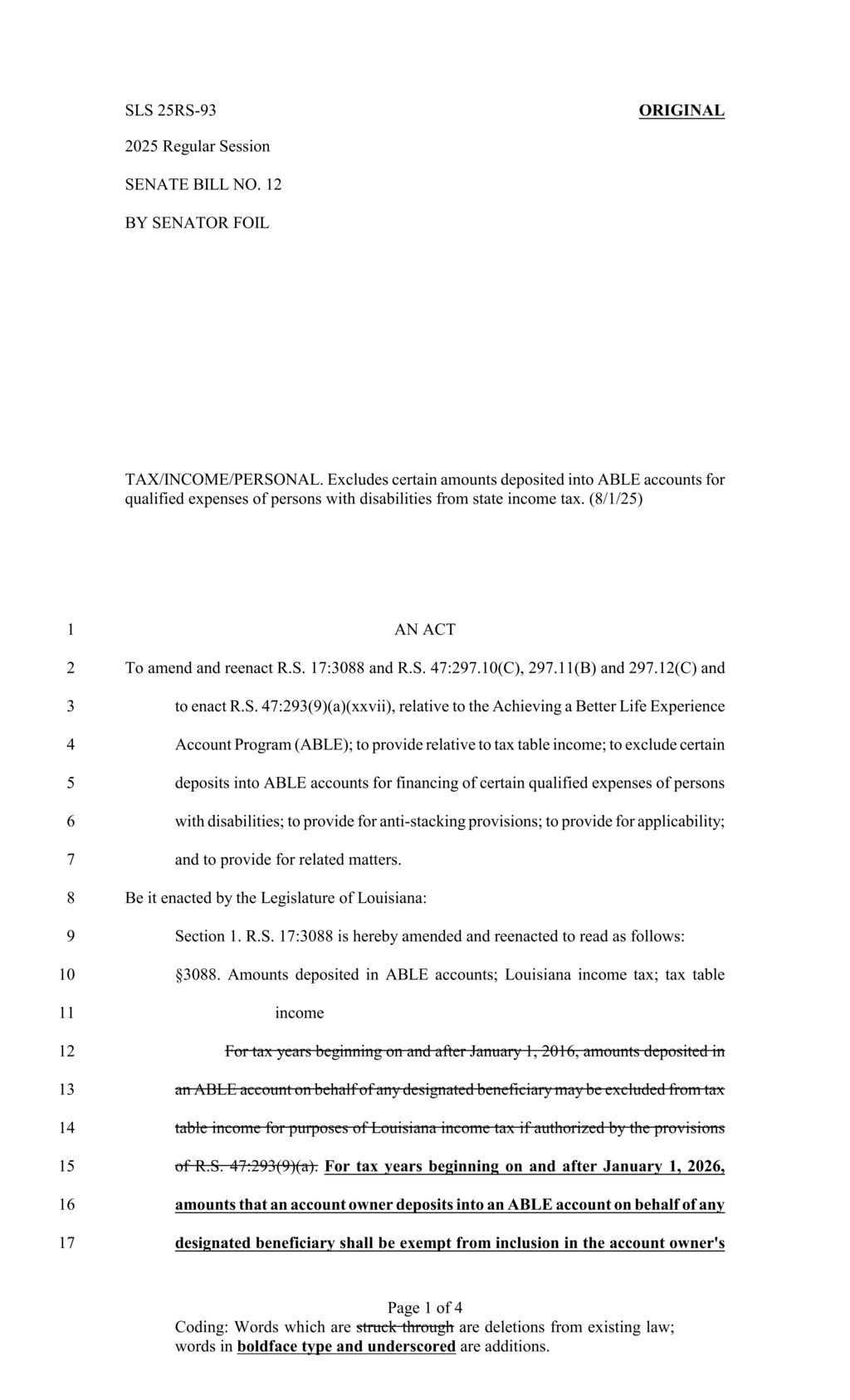 Louisiana Senate passes tax exemption for ABLE account deposits effective 2026
