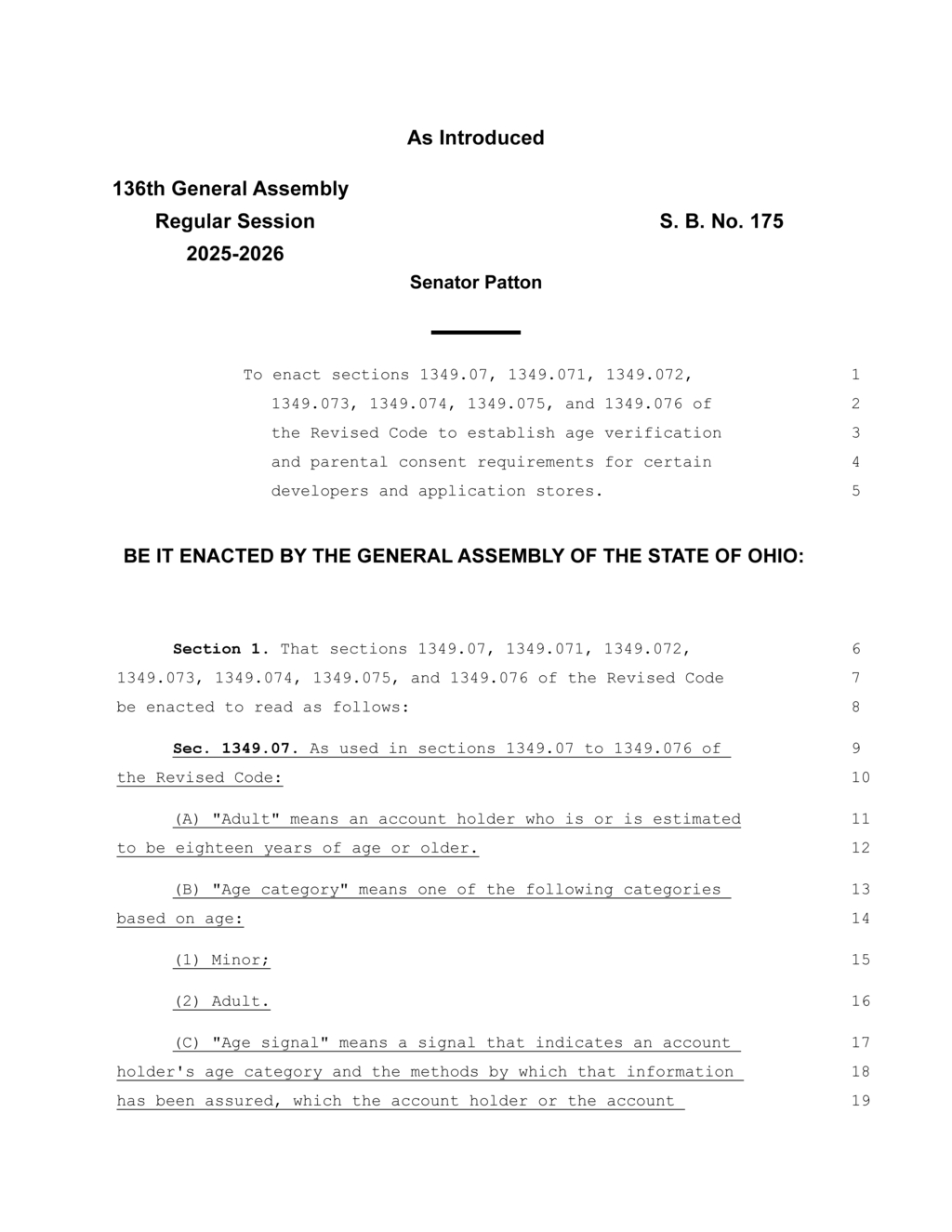 Senator Patton proposes Ohio age verification law for digital platforms